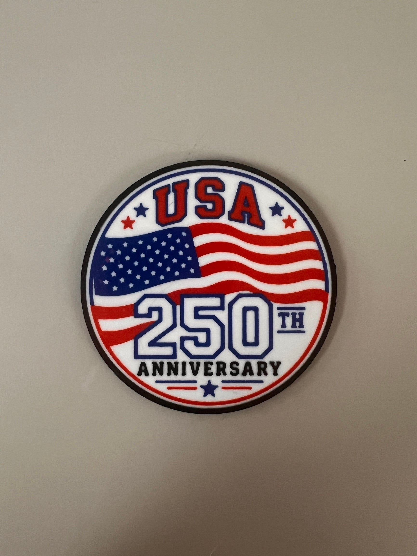 Dallas 3D Prints circular USA 250th Anniversary commemorative patch with red, white, and blue flag design.