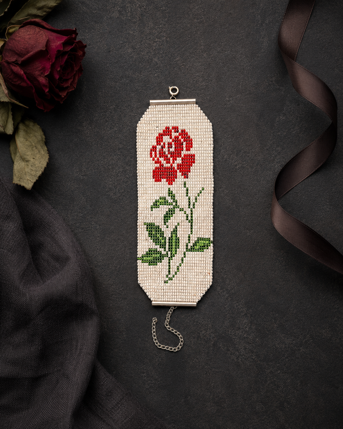 Red Rose Ukrainian Beaded Bracelet