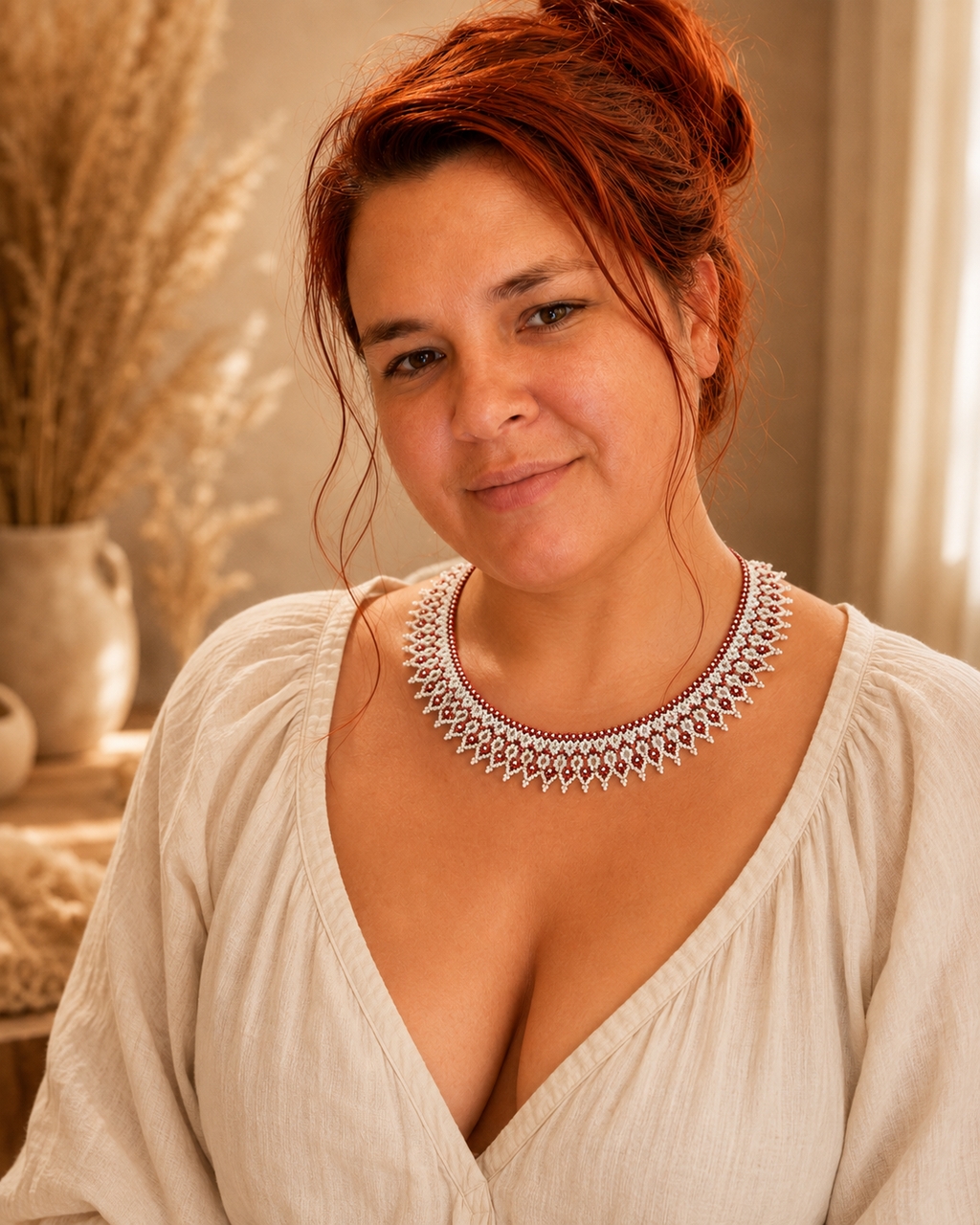 White and Burgundy Lace Beaded Collar