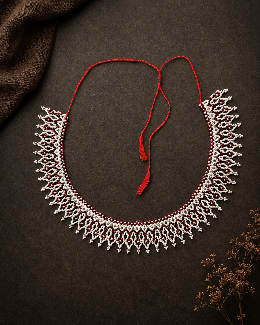 White and Burgundy Lace Beaded Collar