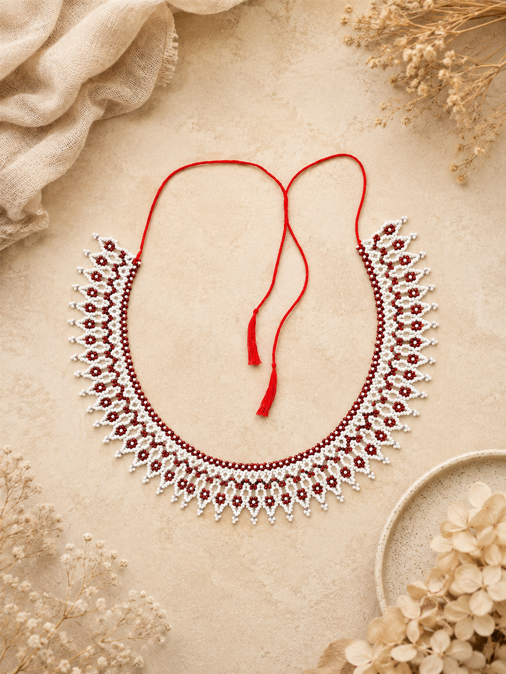 White and Burgundy Lace Beaded Collar