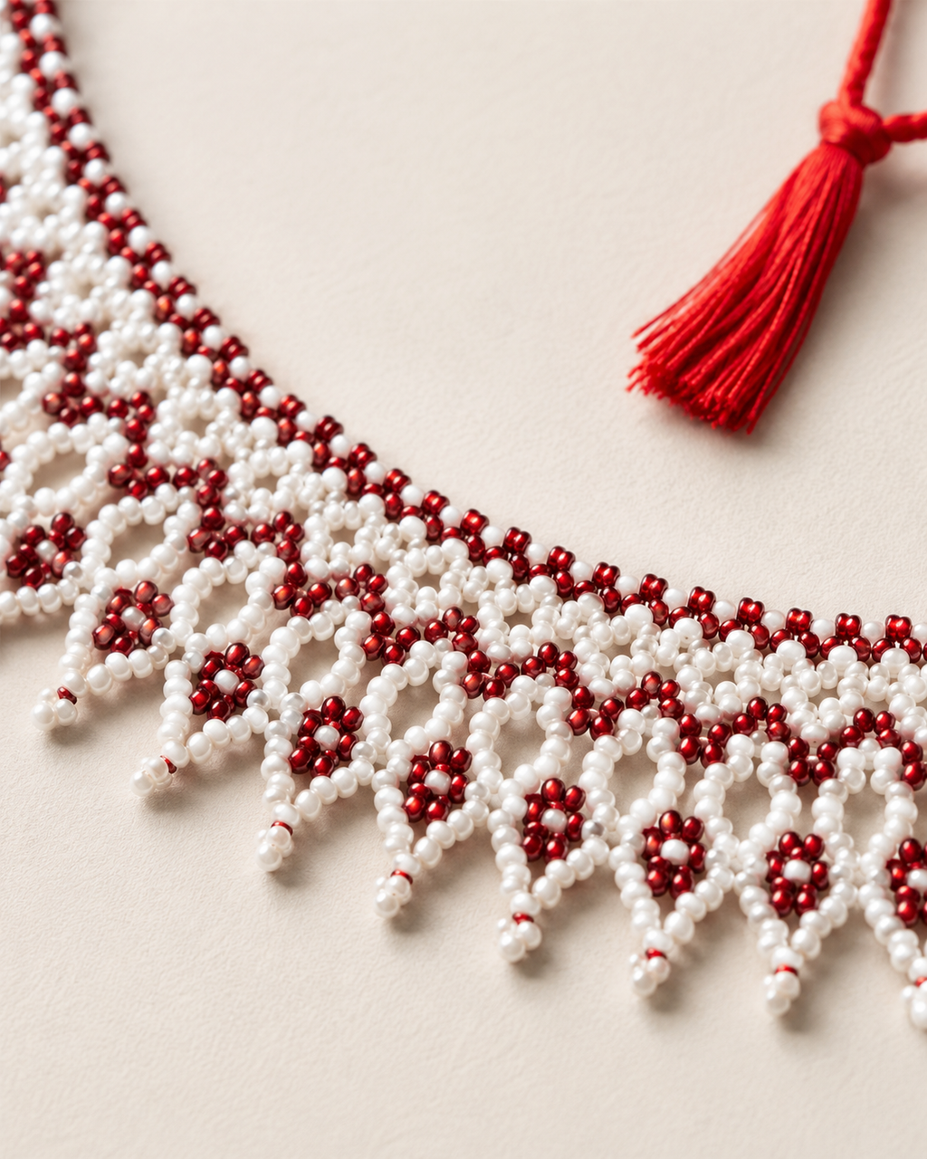 White and Burgundy Lace Beaded Collar