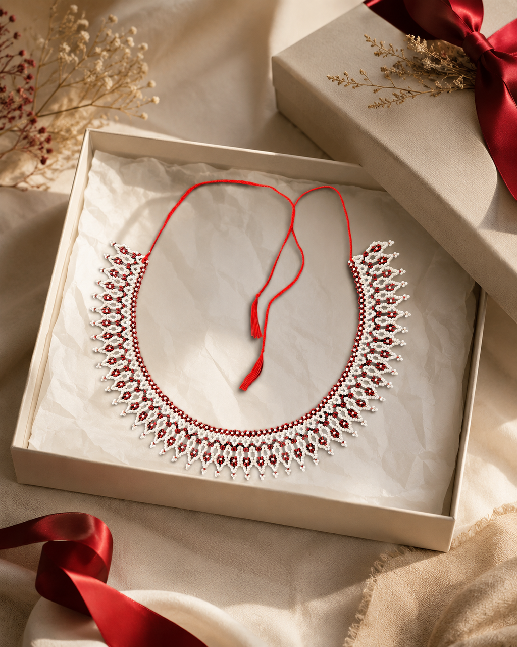 White and Burgundy Lace Beaded Collar