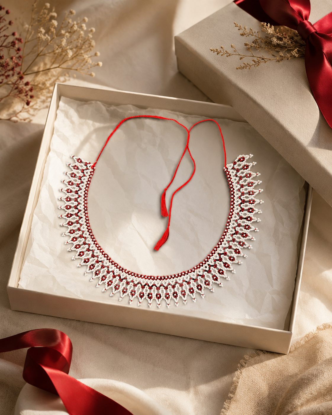 White and Burgundy Lace Beaded Collar