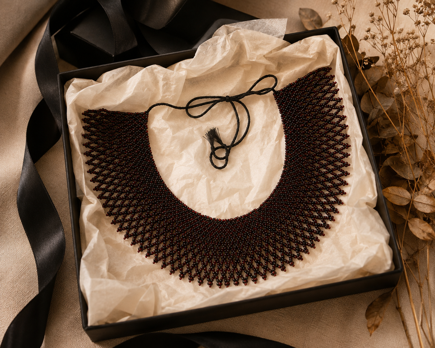Dark Netted Ukrainian Kryza-Style Statement Collar with Openwork Beadwork