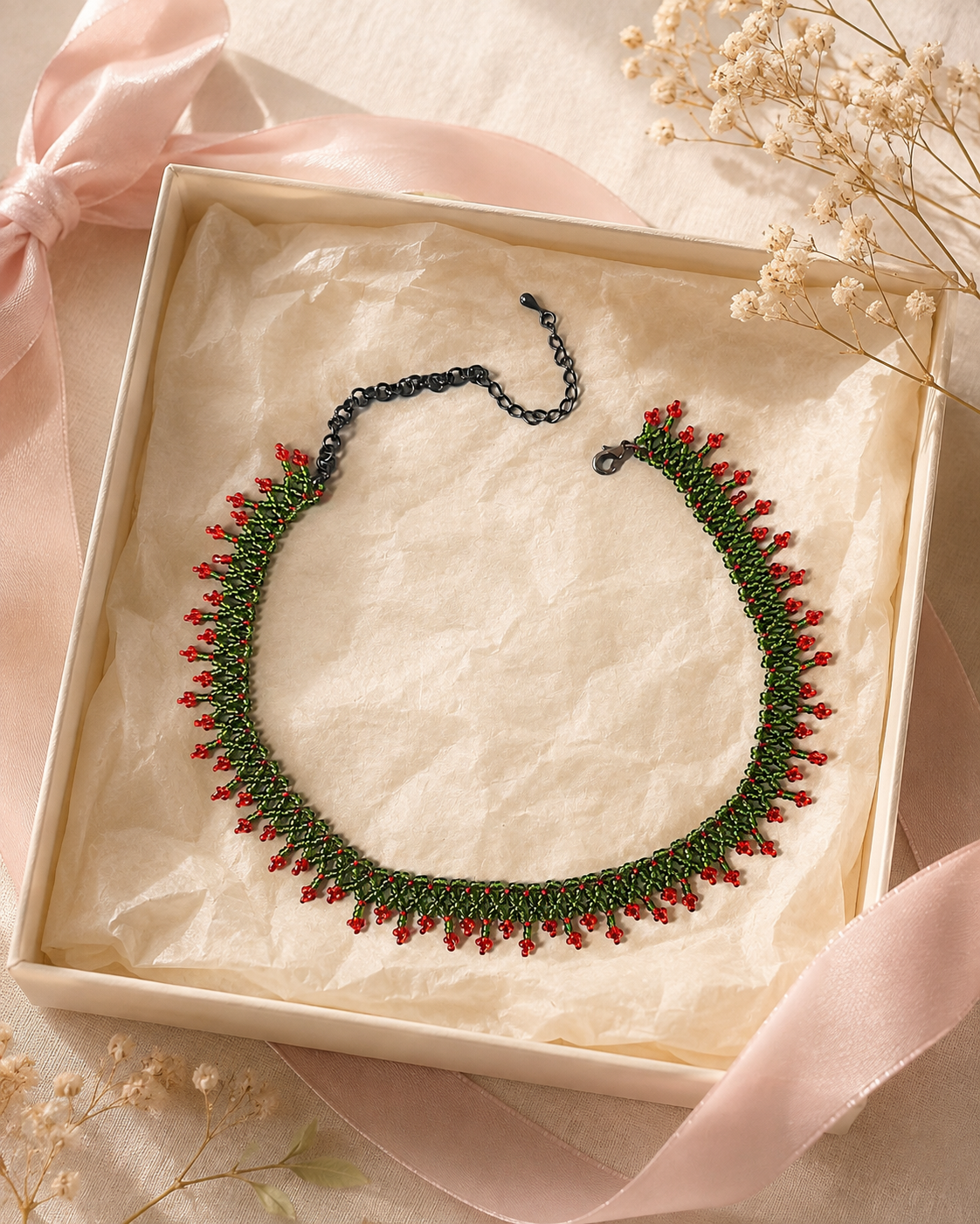 Fine Green and Red Ukrainian Handmade Sylianka-Style Beaded Choker