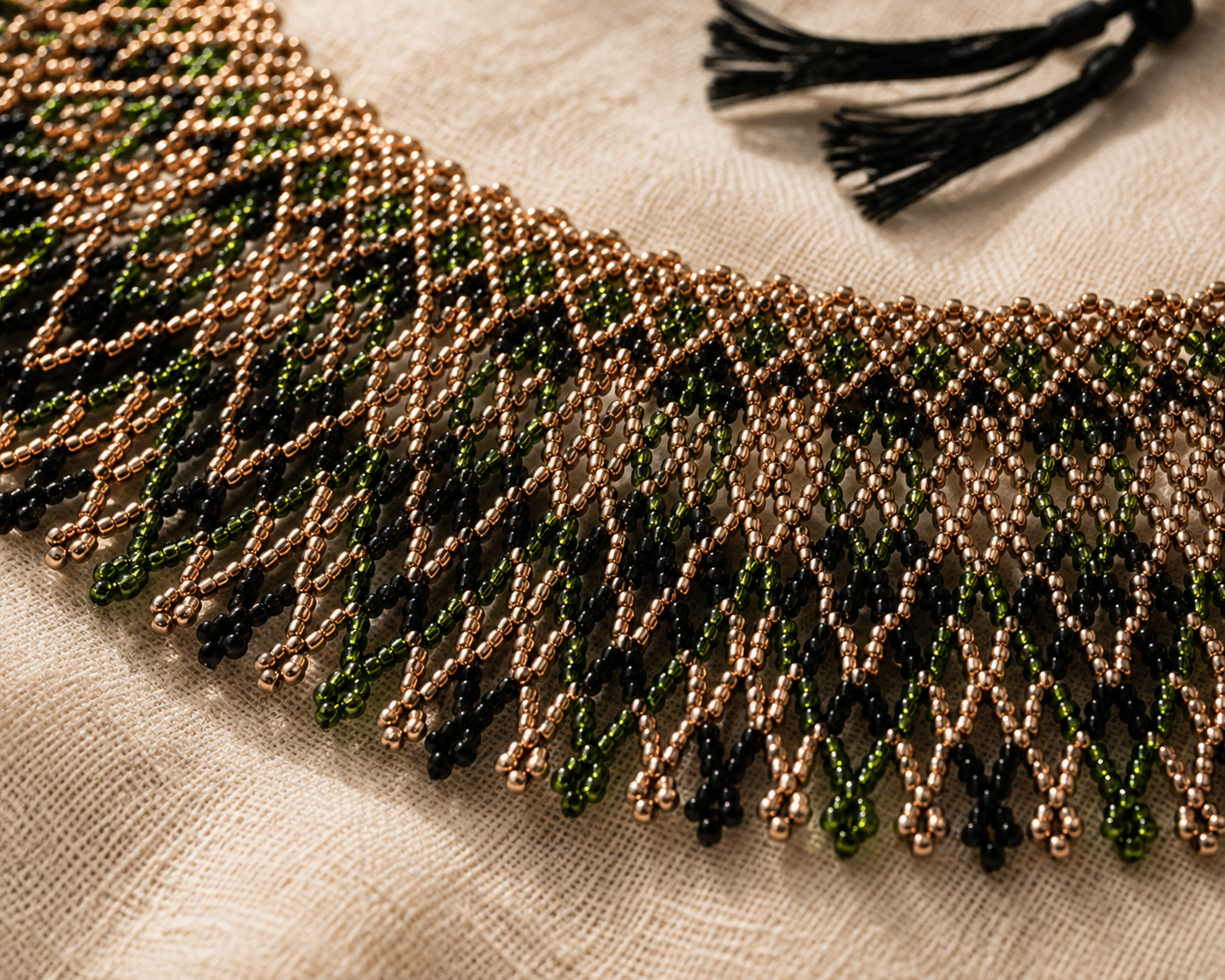 Ukrainian Handmade Kryza-Style Green, Bronze and Black Beaded Collar
