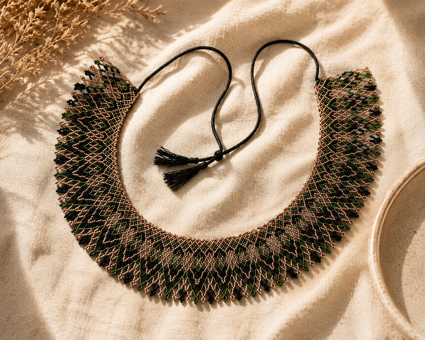 Ukrainian Handmade Kryza-Style Green, Bronze and Black Beaded Collar