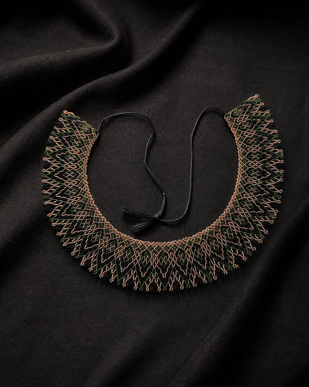 Ukrainian Handmade Kryza-Style Green, Bronze and Black Beaded Collar