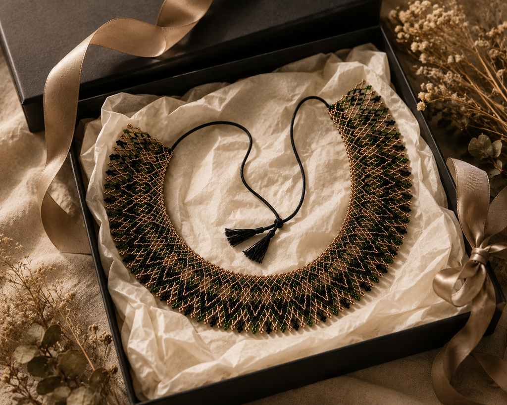 Ukrainian Handmade Kryza-Style Green, Bronze and Black Beaded Collar