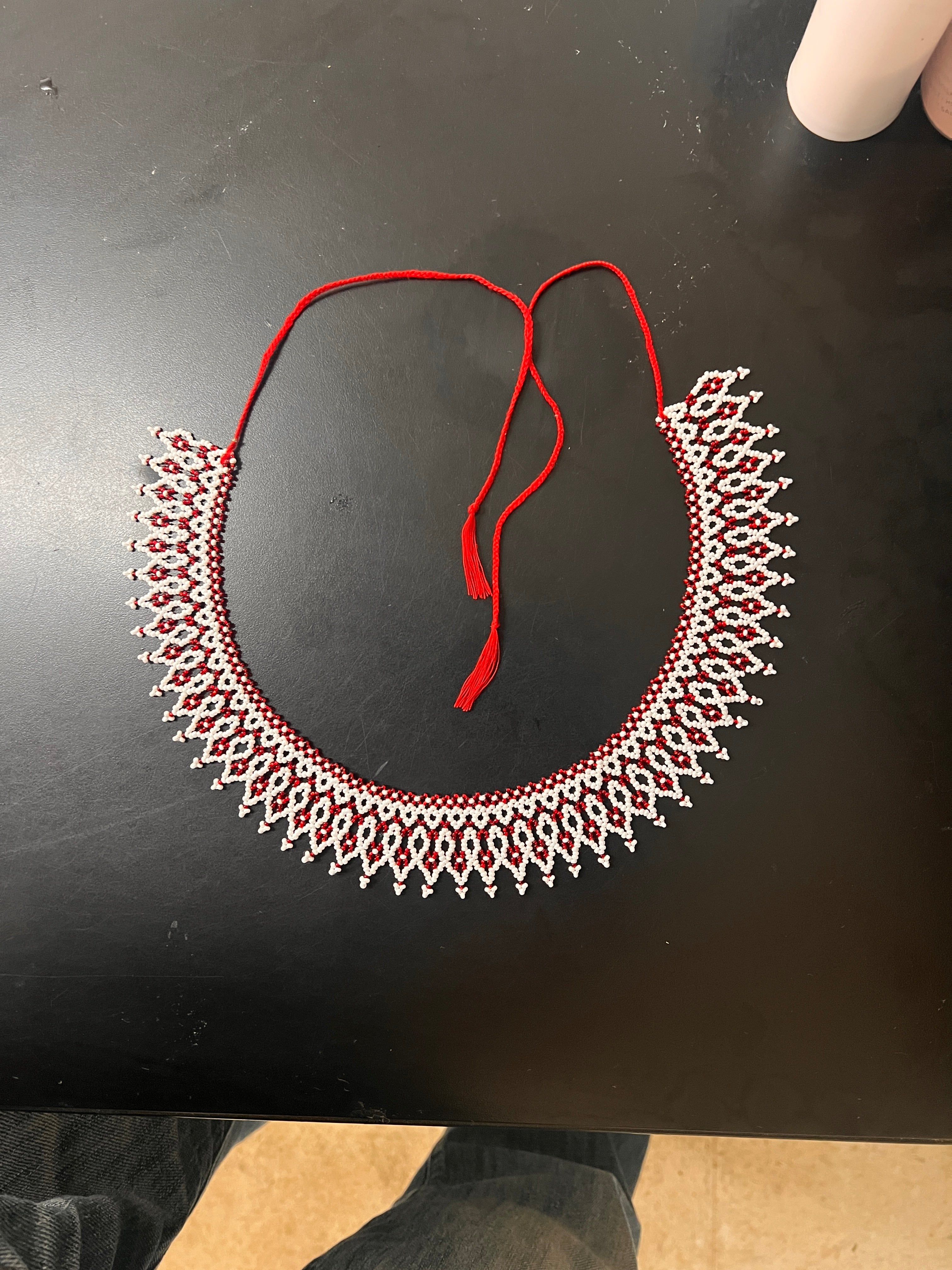 White and Burgundy Lace Beaded Collar