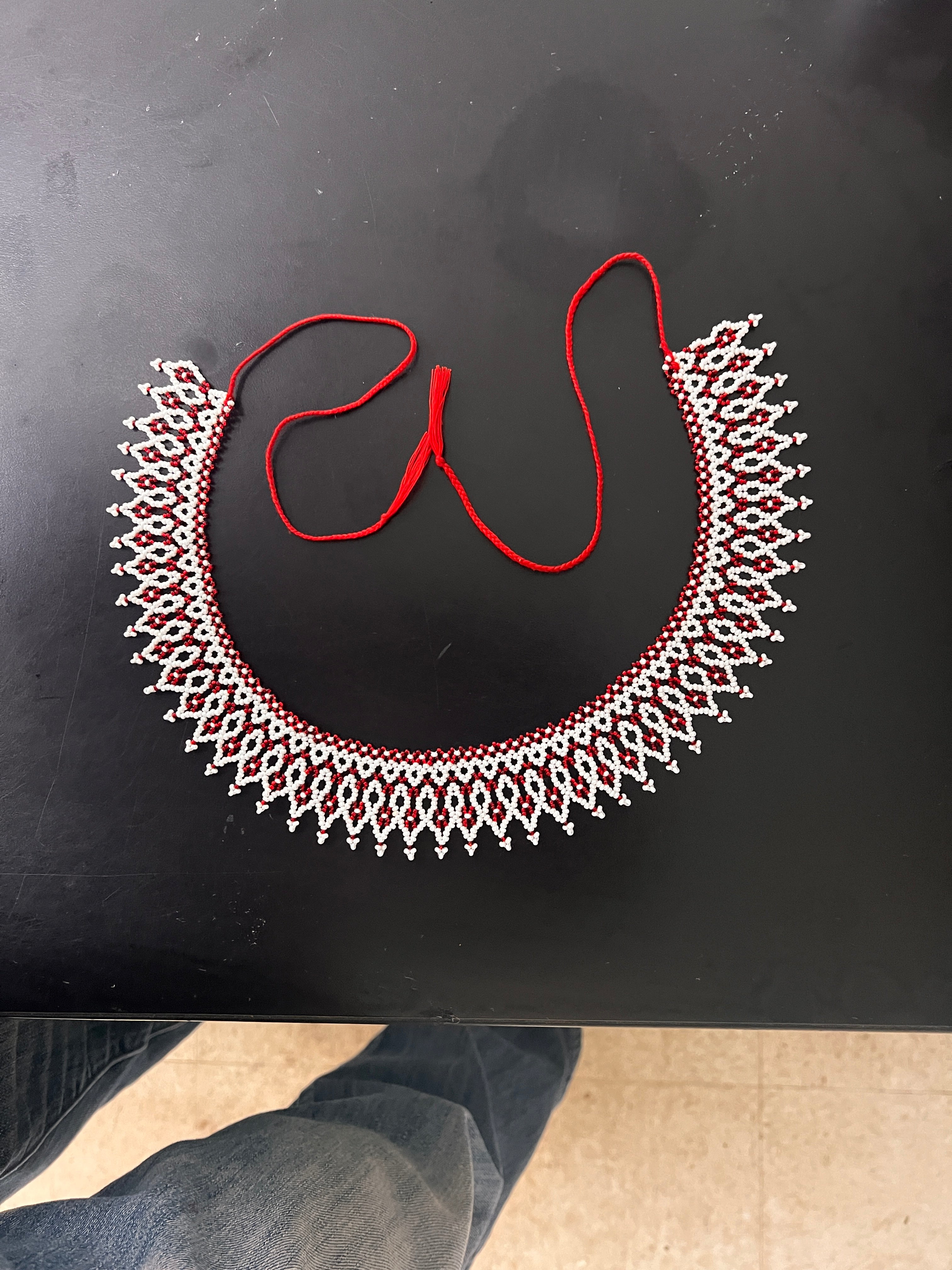 White and Burgundy Lace Beaded Collar