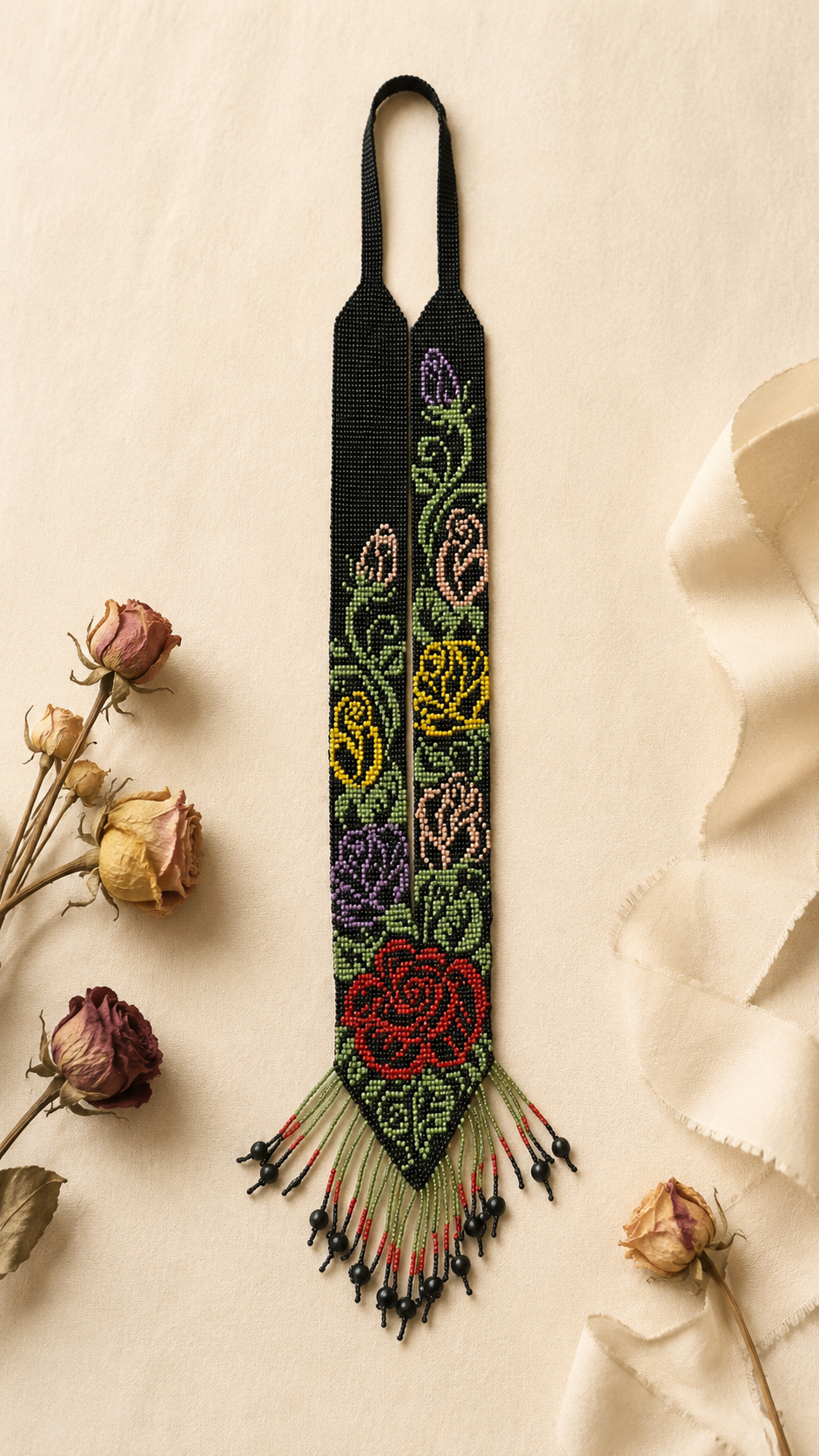 Ukrainian Handmade Long Floral Gerdan-Style Beaded Necklace