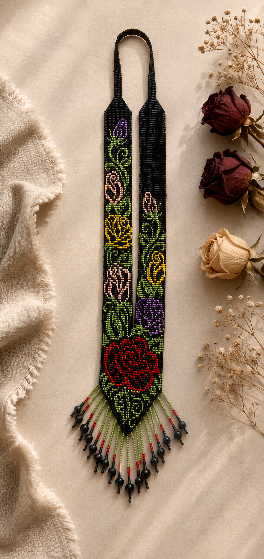 Ukrainian Handmade Long Floral Gerdan-Style Beaded Necklace