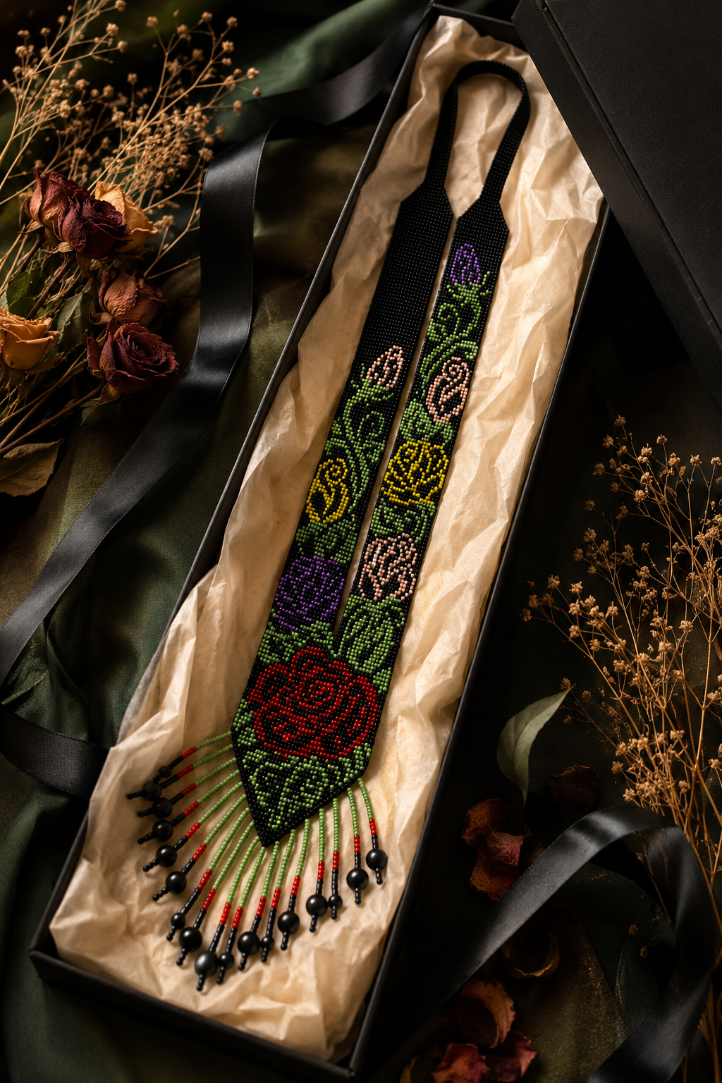 Ukrainian Handmade Long Floral Gerdan-Style Beaded Necklace