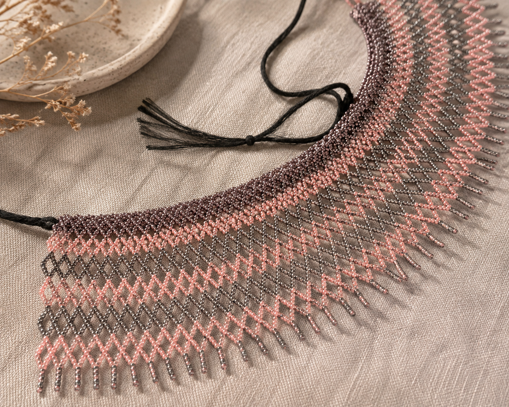 Ukrainian Handmade Kryza-Style Pink, Gray and Dark Beaded Collar