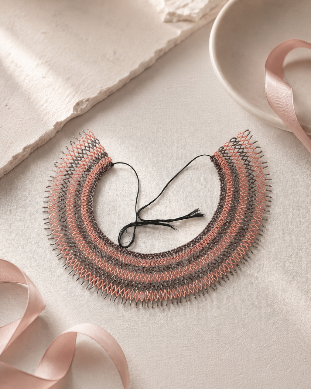 Ukrainian Handmade Kryza-Style Pink, Gray and Dark Beaded Collar