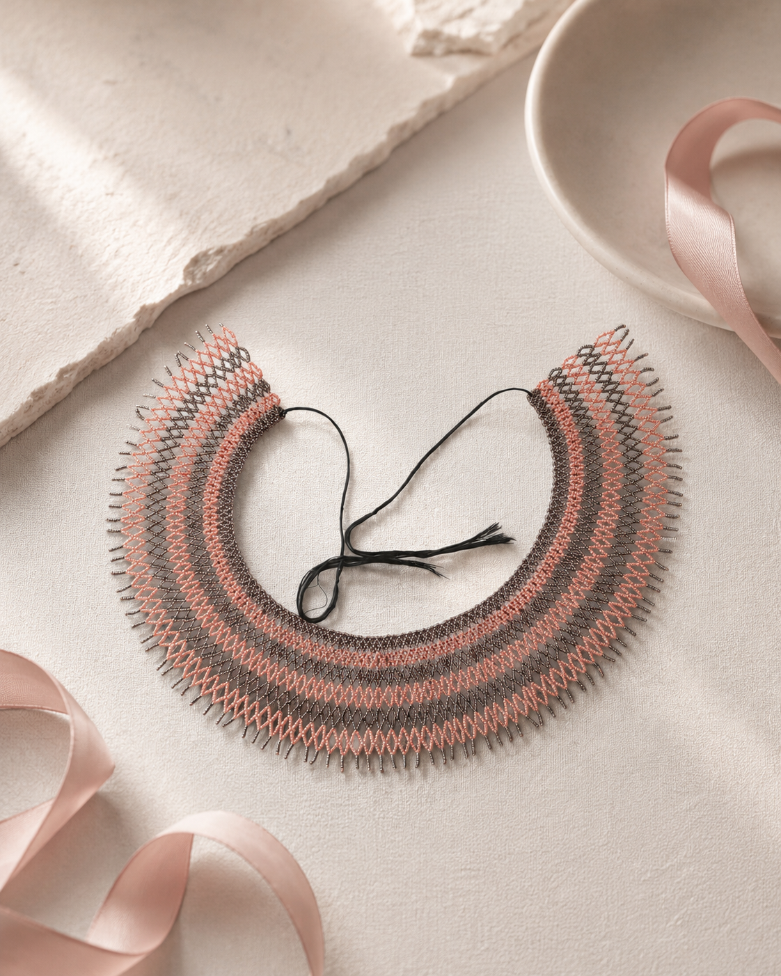 Ukrainian Handmade Kryza-Style Pink, Gray and Dark Beaded Collar