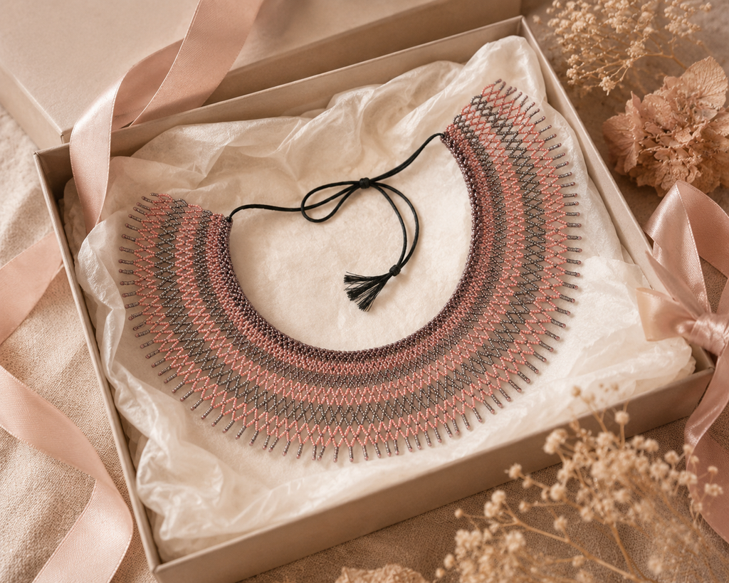 Ukrainian Handmade Kryza-Style Pink, Gray and Dark Beaded Collar