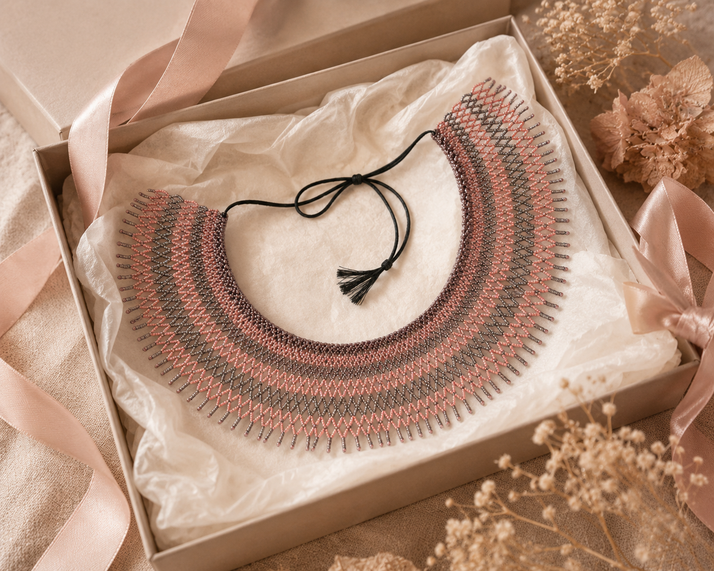 Ukrainian Handmade Kryza-Style Pink, Gray and Dark Beaded Collar