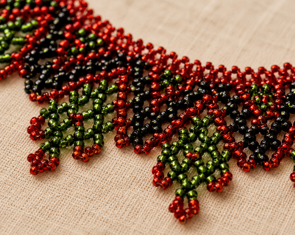 Red, Green and Dark Leaf Ukrainian Handmade Kryza-Style Beaded Statement Collar