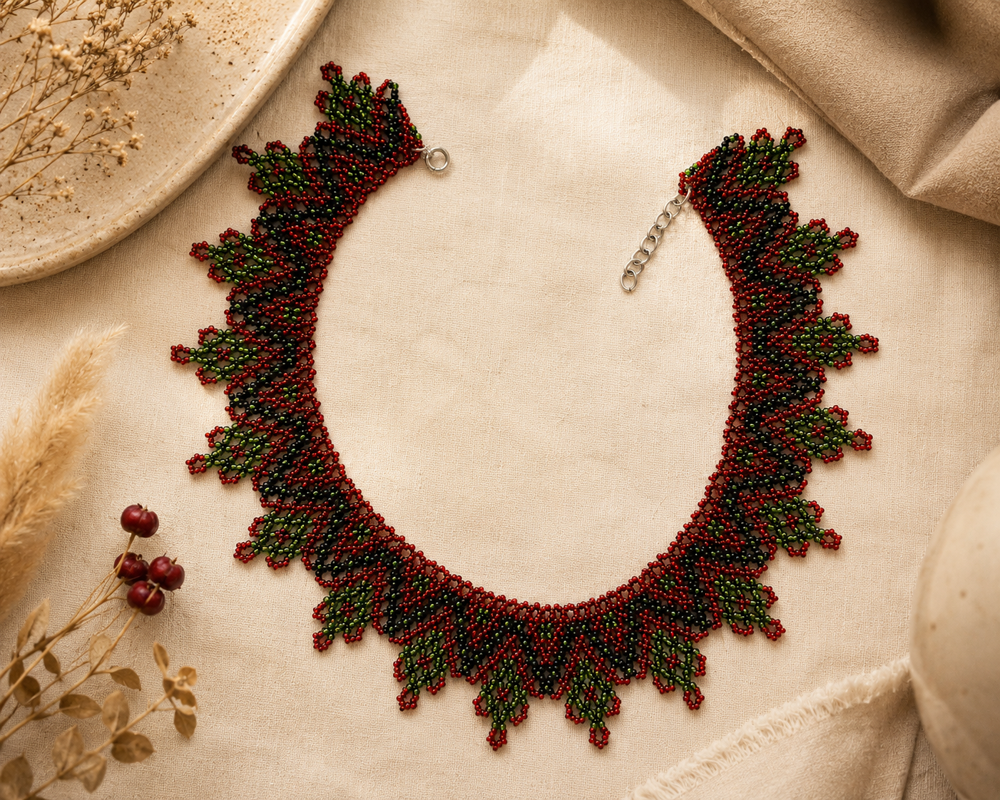 Red, Green and Dark Leaf Ukrainian Handmade Kryza-Style Beaded Statement Collar