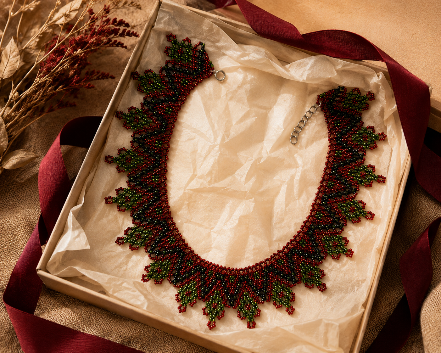 Red, Green and Dark Leaf Ukrainian Handmade Kryza-Style Beaded Statement Collar