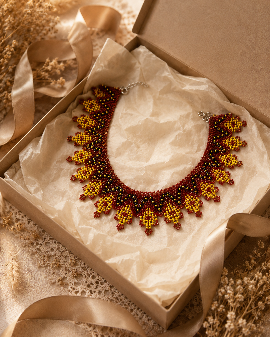 Red and Yellow Sunburst Ukrainian Handmade Kryza-Style Beaded Collar
